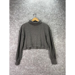 Free People Sweater Womens XS Gray Waffle Knit Mock Neck Cropped Pullover